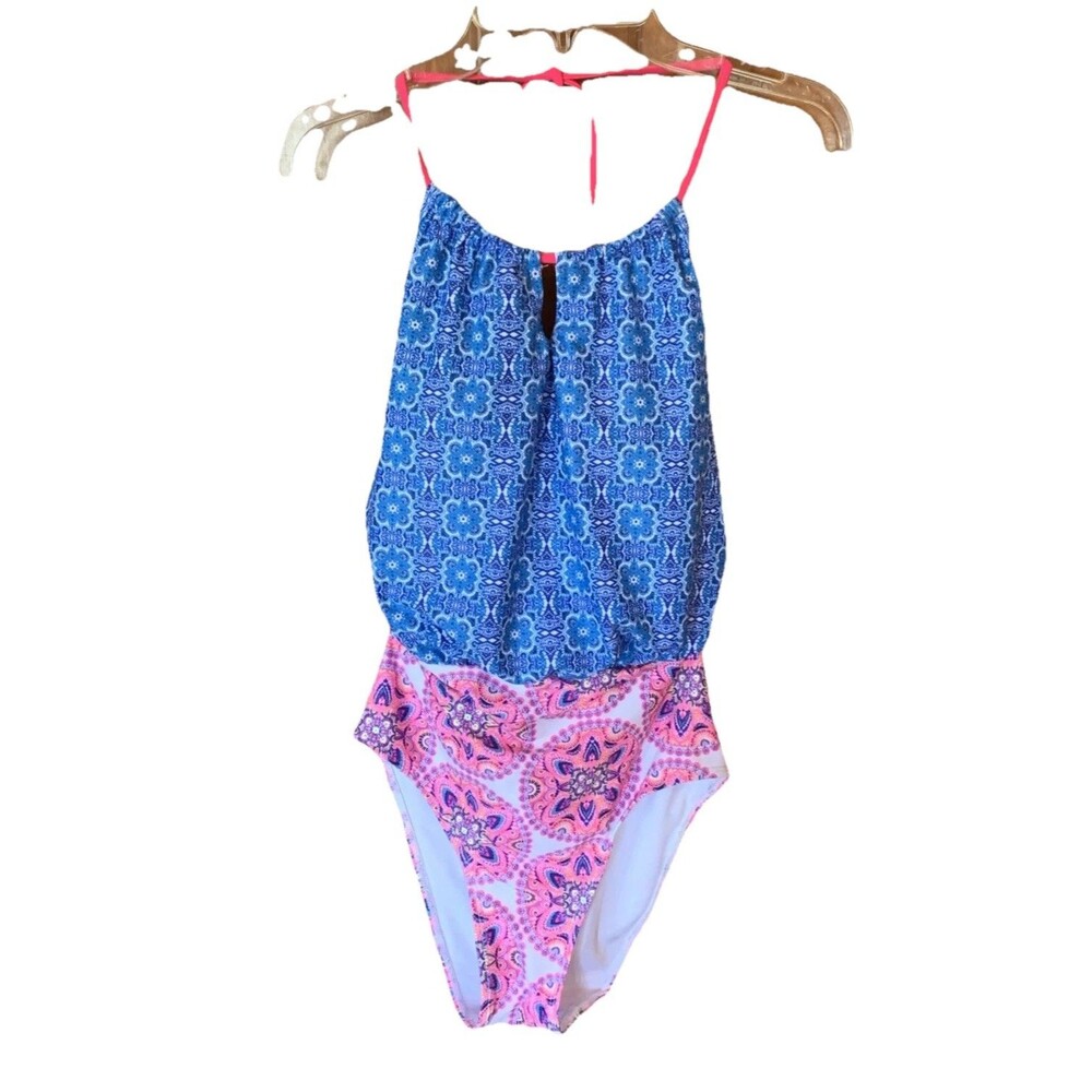 Nicole Miller Blouson Swimsuit One Piece Pink Blue Removable Pads Sz Medium